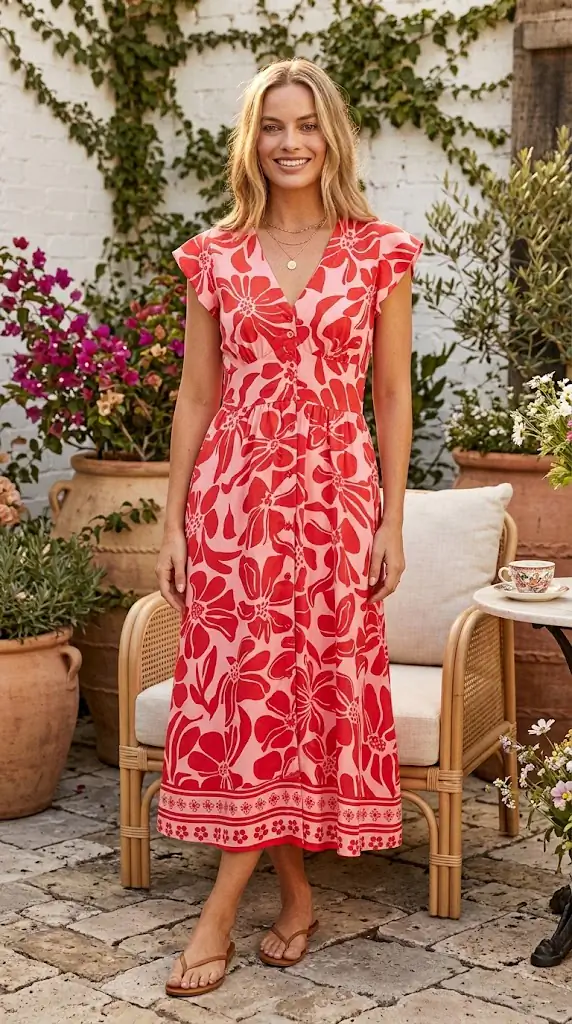Floral Ruffled V-Neck Midi Dress with Button Front | Red & Pink Floral Outfit