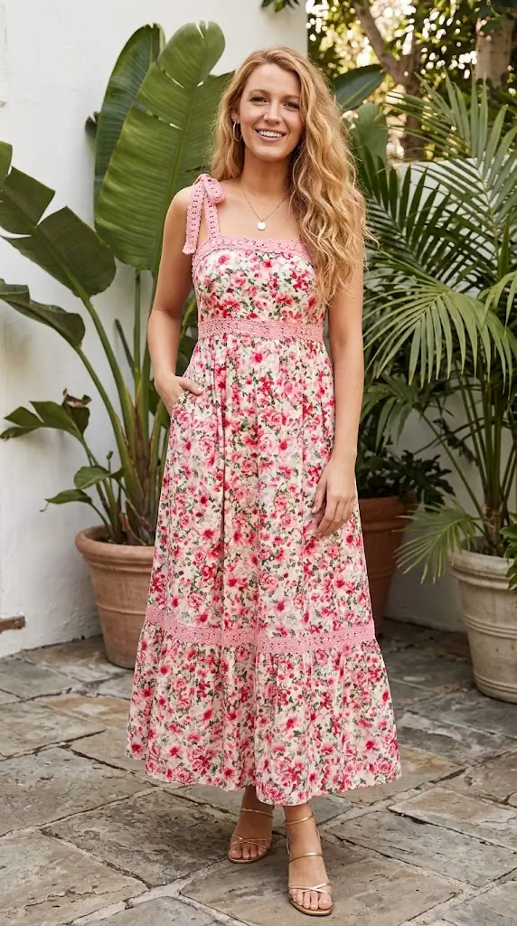 Floral Lace Tied Strap Square Neck Dress with Pockets – Pink Floral Sundress