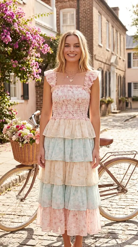 Smocked Ruffle Layered Floral Midi Dress | Midi Dresses