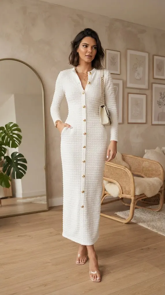 Textured Long Sleeve Midi Dress | Elegant White Button Down Dress