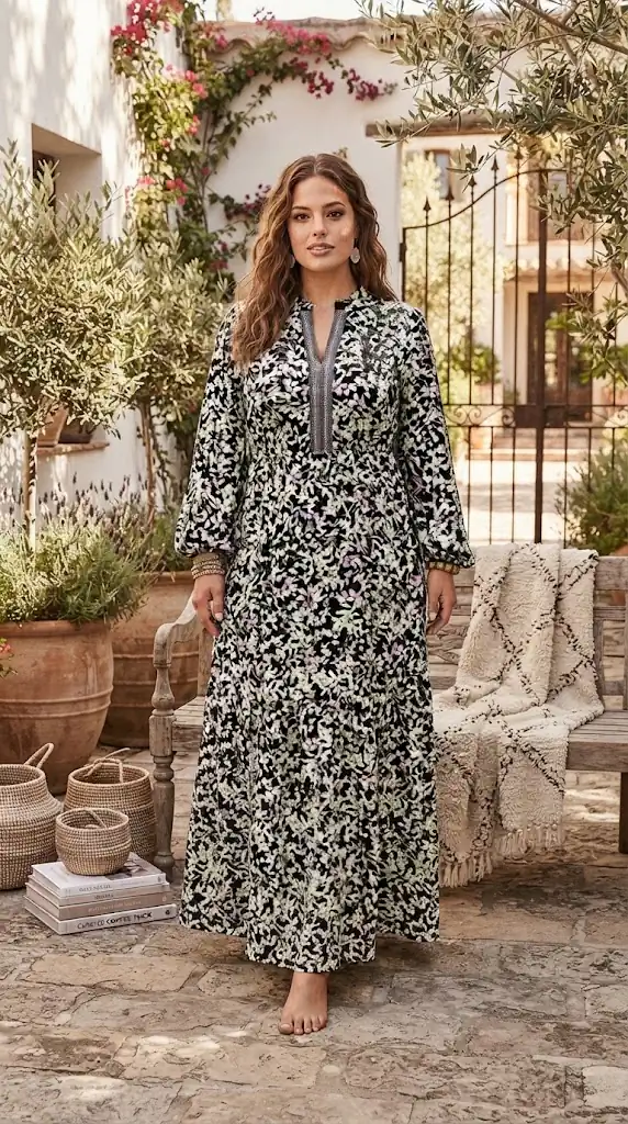 Plus Size Floral Print Long Sleeve Tiered Maxi Dress | Boho Style