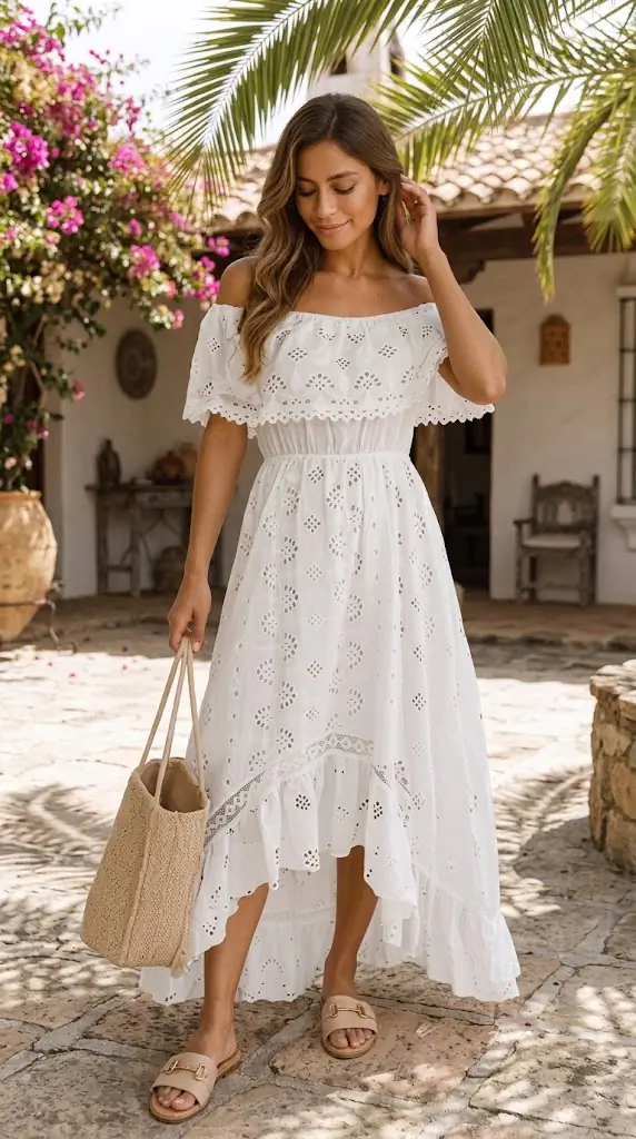 Eyelet Ruffled Hem Off-Shoulder Dress | Maxi Dresses