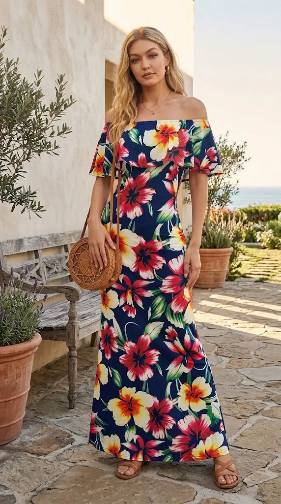 Floral Layered Off-Shoulder Maxi Dress | Tropical Vacation Outfit