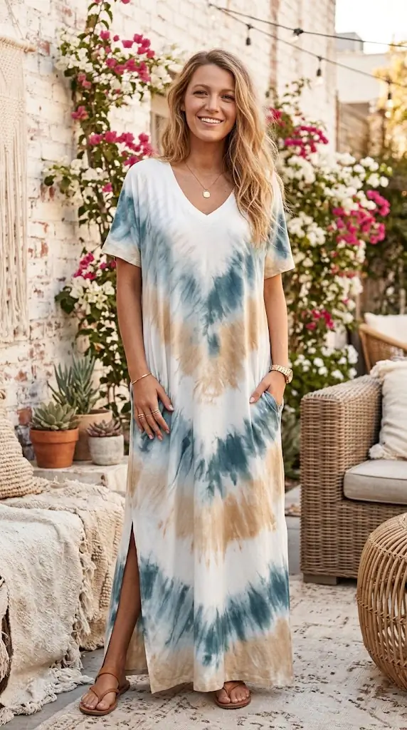 Full Size Pocketed Tie-Dye Short Sleeve Maxi Dress