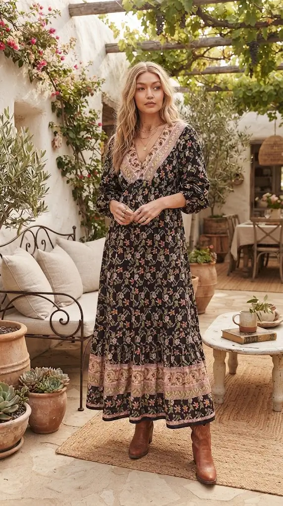 Plus Size Floral V-Neck Balloon Sleeve Dress