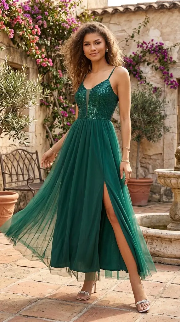 Spaghetti Strap Slit Mesh Dress | Emerald Green Sequin Maxi Gown