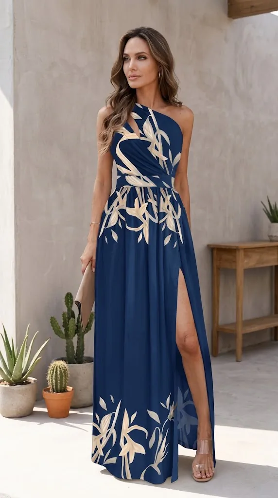 Split Single Shoulder Printed Maxi Dress