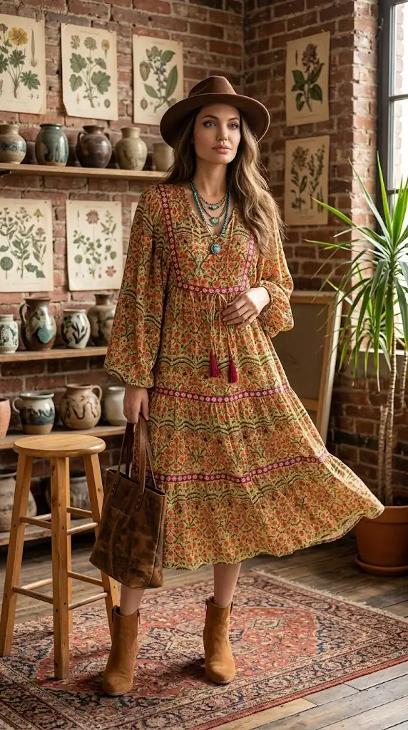 Floral Tiered Midi Dress with Balloon Sleeves | Boho Fall Midi Outfit