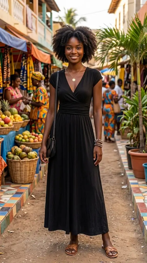 Smocked V-Neck Short Sleeve Dress | Flattering Black Maxi Outfit