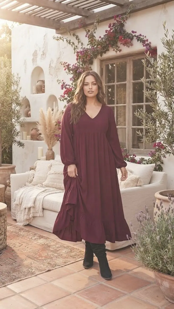 Plus Size Ruffled Hem V-Neck Balloon Sleeve Dress