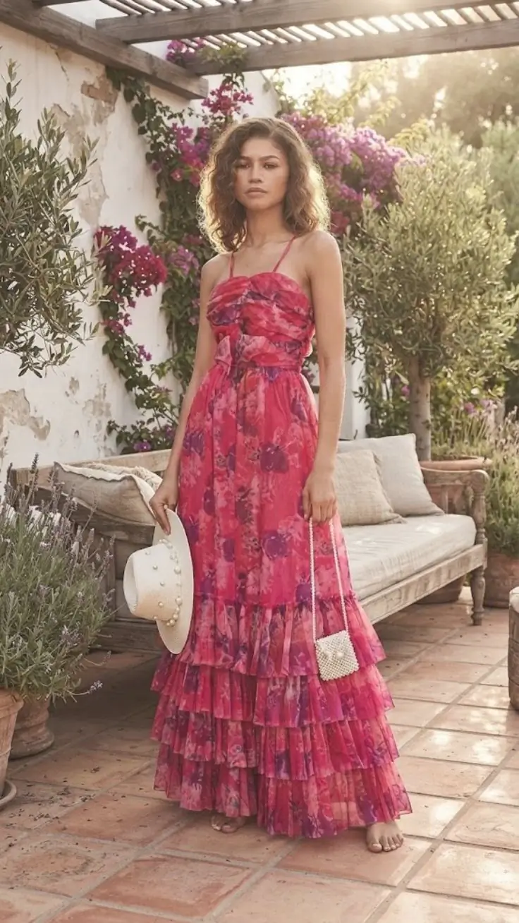 Floral Print Ruffled Layered Mesh Dress
